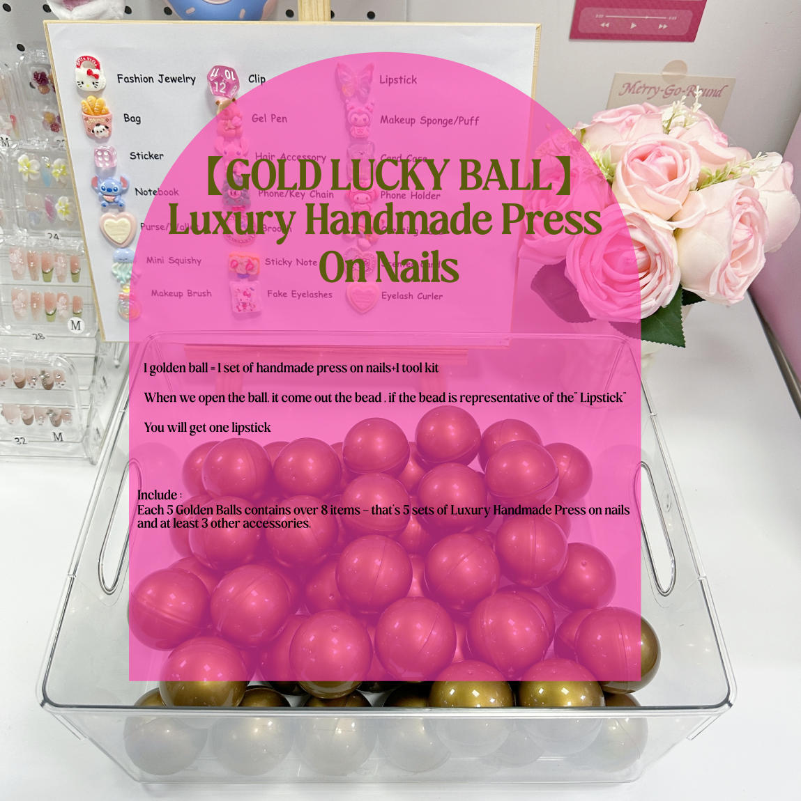 【GOLD LUCKY BALL】Luxury Handmade Press On Nails 10pcs/set + Mystery Accessories