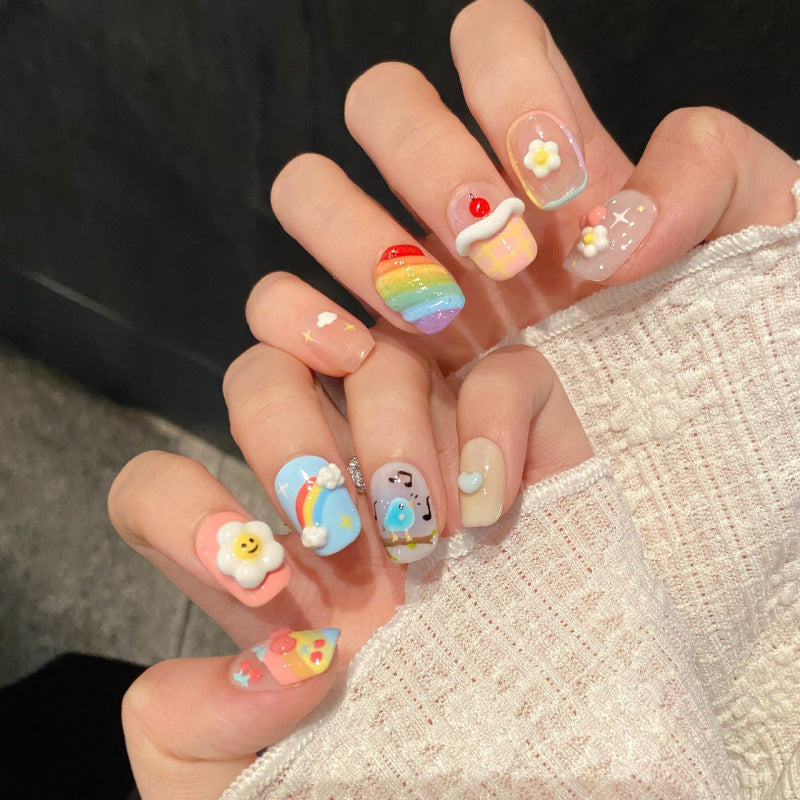 [3D Happy Childhood]   (Handmade press on nails)  Short/Squoval Nails 10pcs/set