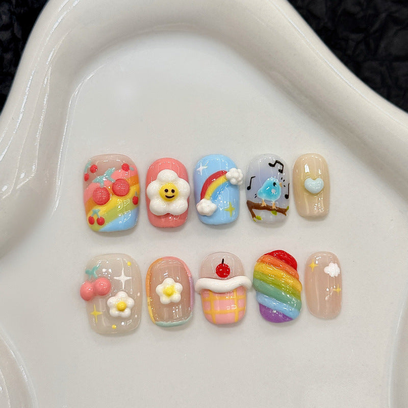 [3D Happy Childhood]   (Handmade press on nails)  Short/Squoval Nails 10pcs/set