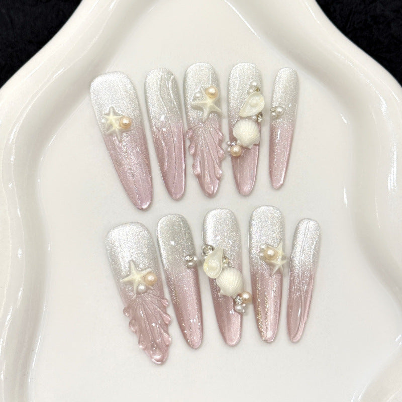 [3D Pink Beach]   (Handmade press on nails)  Long/Stiletto Nails 10pcs/set