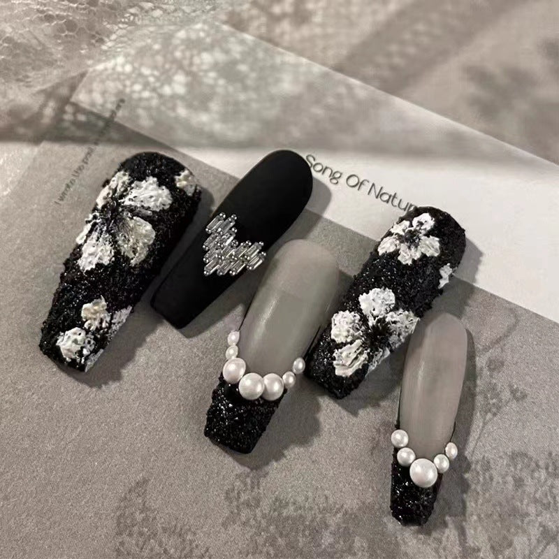 [Black Flower]   (Handmade press on nails)  Long/Ballerina Nails 10pcs/set