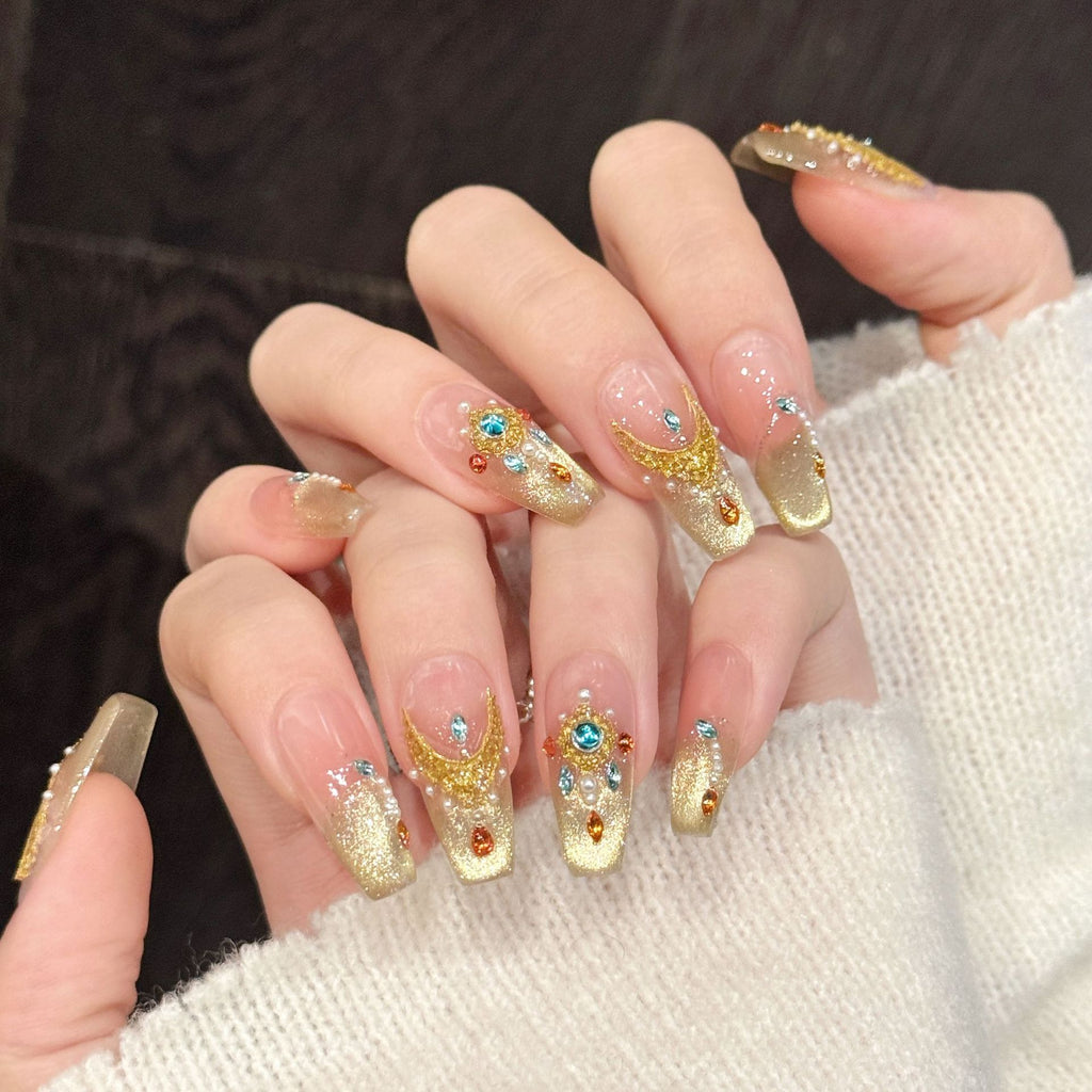 [Gloden Queen]   (Handmade press on nails)  Medium/Ballerina Nails 10pcs/set