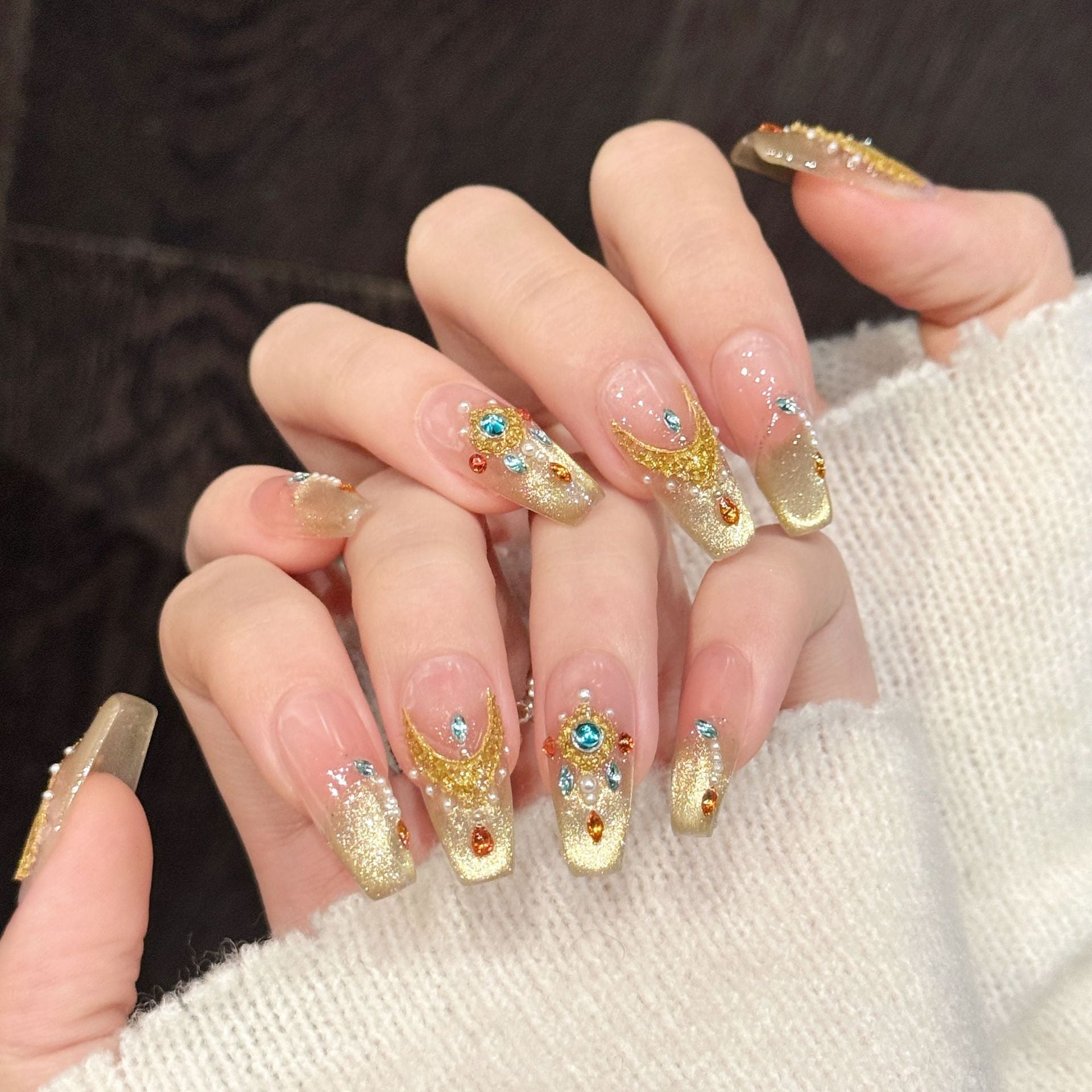 [Gloden Queen]   (Handmade press on nails)  Medium/Ballerina Nails 10pcs/set