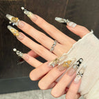 [Shiny 3D Blooming Golden Flower]   (Handmade press on nails)  Long/Ballerina Nails 10pcs/set