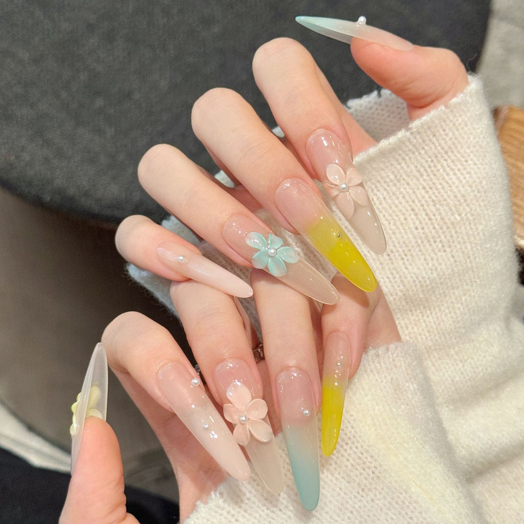 [3D Colorful Hot Flower]   (Handmade press on nails)  Long/Stiletto Nails 10pcs/set