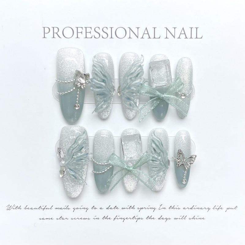 [3D Crystal Ice Butterfly]   (Handmade press on nails)  Long/Stiletto Nails 10pcs/set