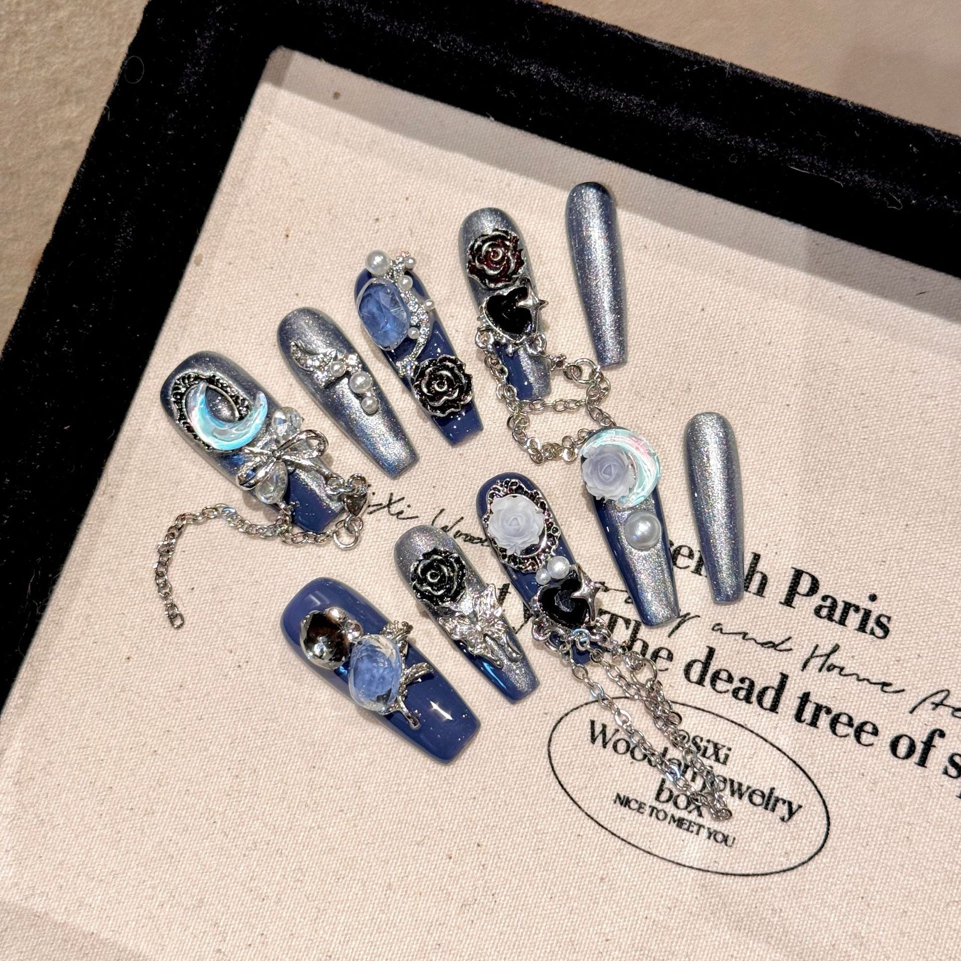 [3D Dark Blue]   (Handmade press on nails)  Long/Ballerina Nails 10pcs/set