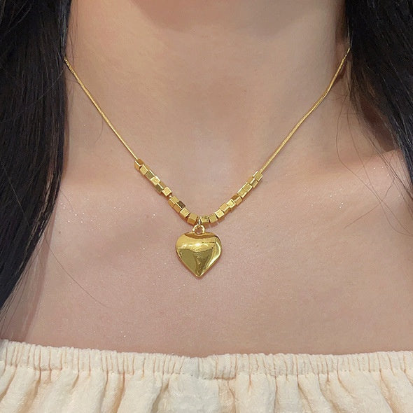 Love Heart Pendant Necklace With Dainty Square Cube Pendant Chain for Women