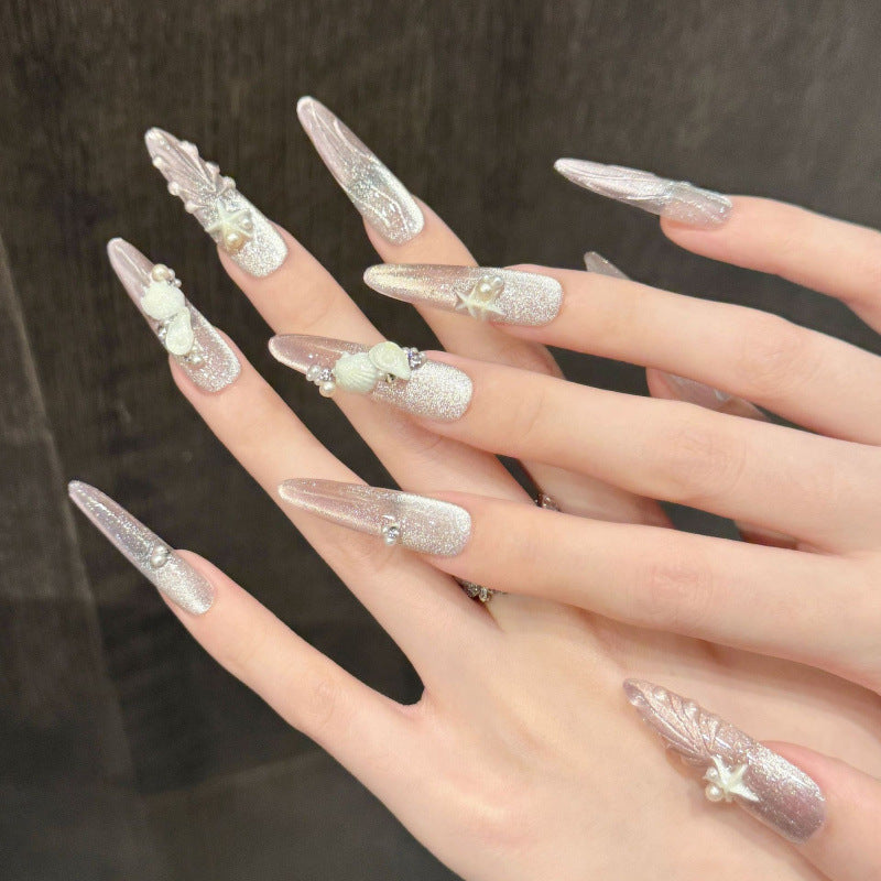 [3D Pink Beach]   (Handmade press on nails)  Long/Stiletto Nails 10pcs/set