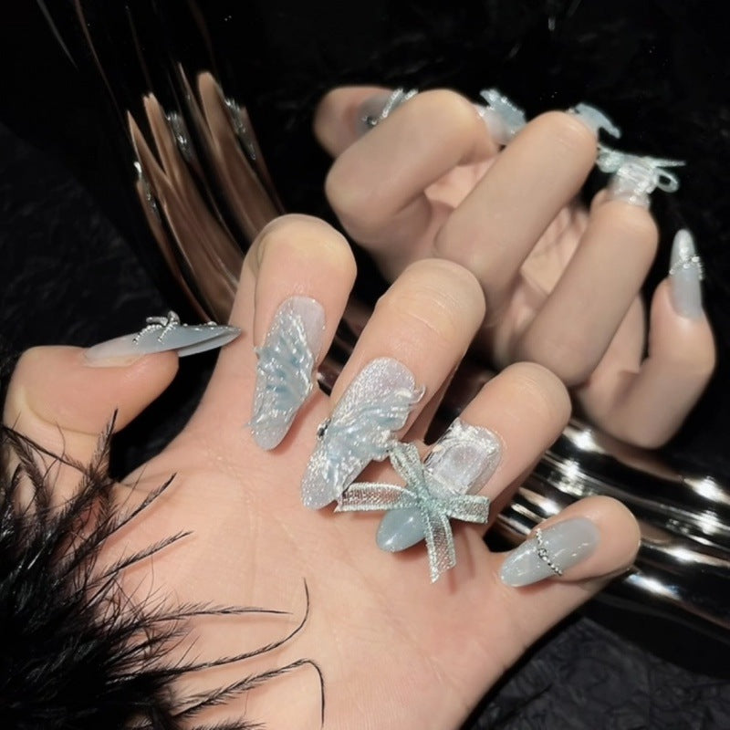 [3D Crystal Ice Butterfly]   (Handmade press on nails)  Long/Stiletto Nails 10pcs/set