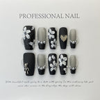 [Black Flower]   (Handmade press on nails)  Long/Ballerina Nails 10pcs/set