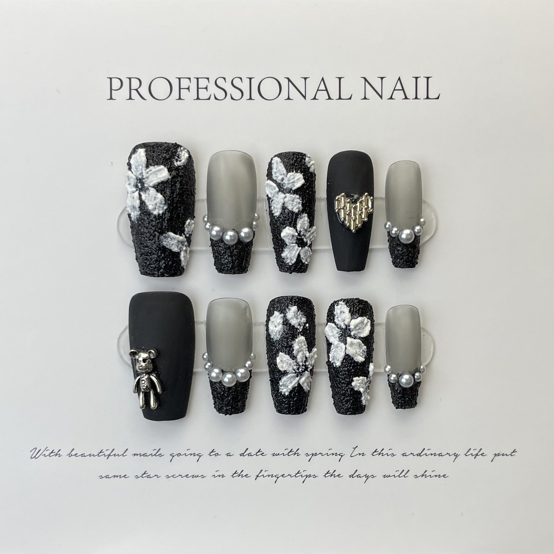 [Black Flower]   (Handmade press on nails)  Long/Ballerina Nails 10pcs/set