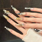 [Shiny 3D Blooming Golden Flower]   (Handmade press on nails)  Long/Ballerina Nails 10pcs/set