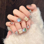 [3D Summer Flower Green Gem]   (Handmade press on nails)  Short/Oval Nails 10pcs/set MRK3162