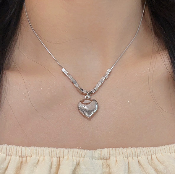 Love Heart Pendant Necklace With Dainty Square Cube Pendant Chain for Women
