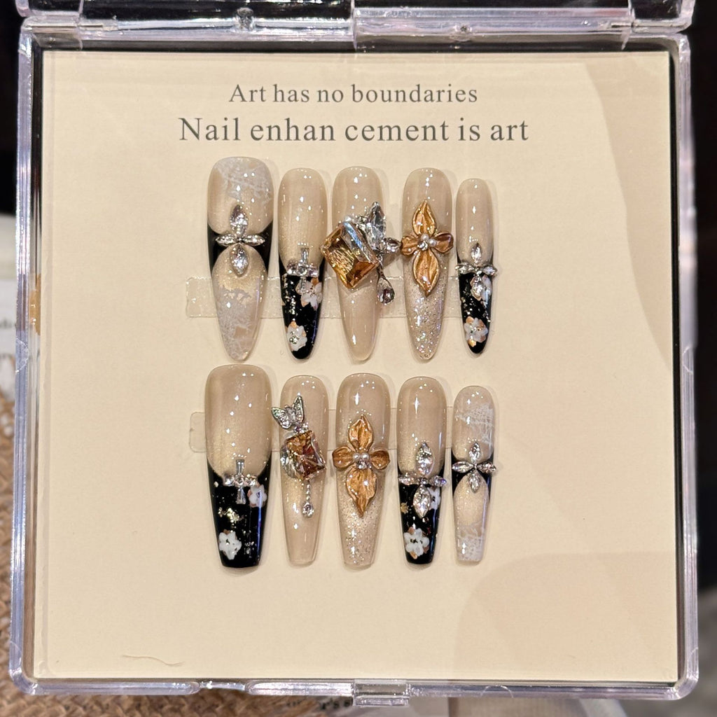 [Shiny 3D Blooming Golden Flower]   (Handmade press on nails)  Long/Ballerina Nails 10pcs/set