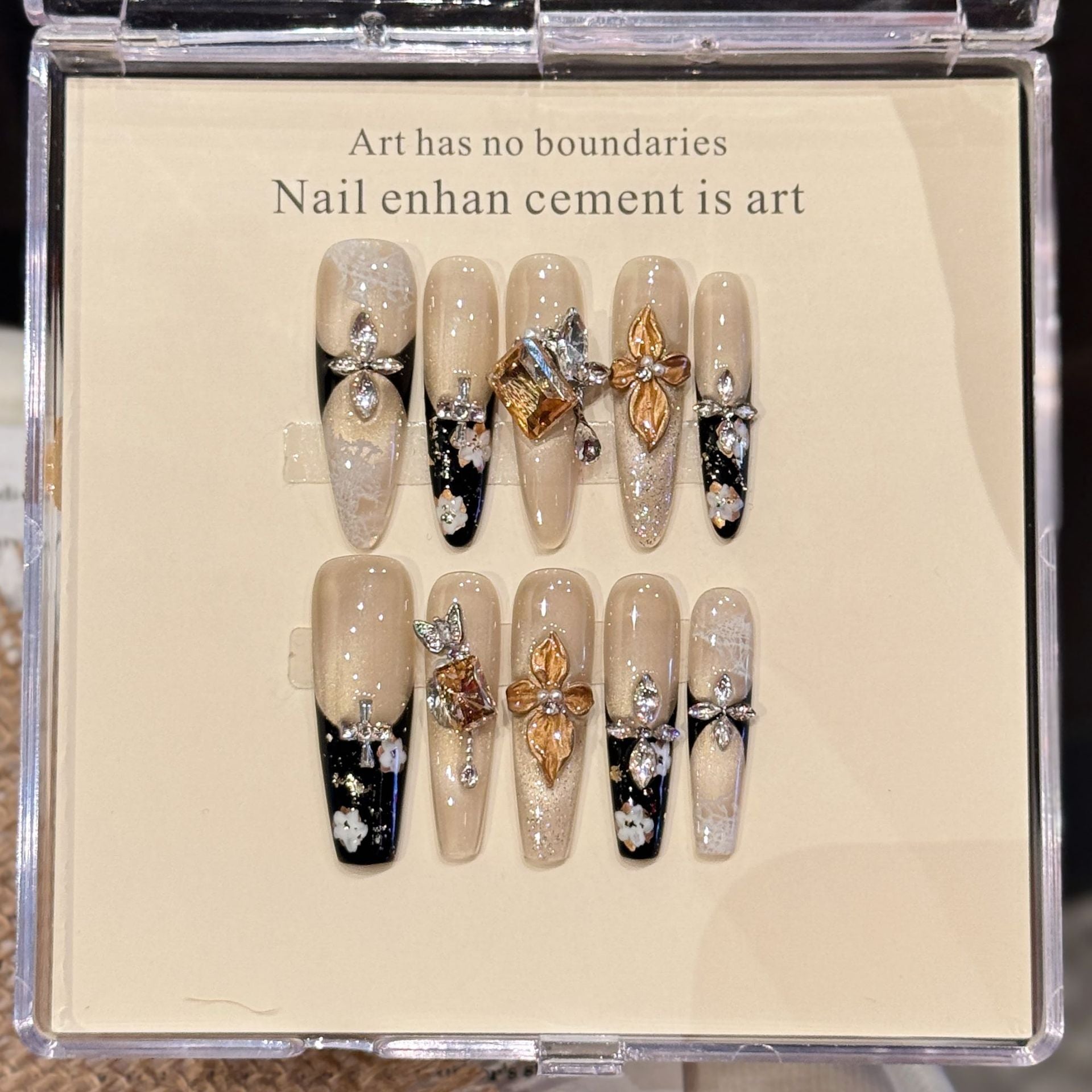 [Shiny 3D Blooming Golden Flower]   (Handmade press on nails)  Long/Ballerina Nails 10pcs/set
