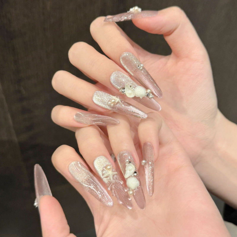[3D Pink Beach]   (Handmade press on nails)  Long/Stiletto Nails 10pcs/set