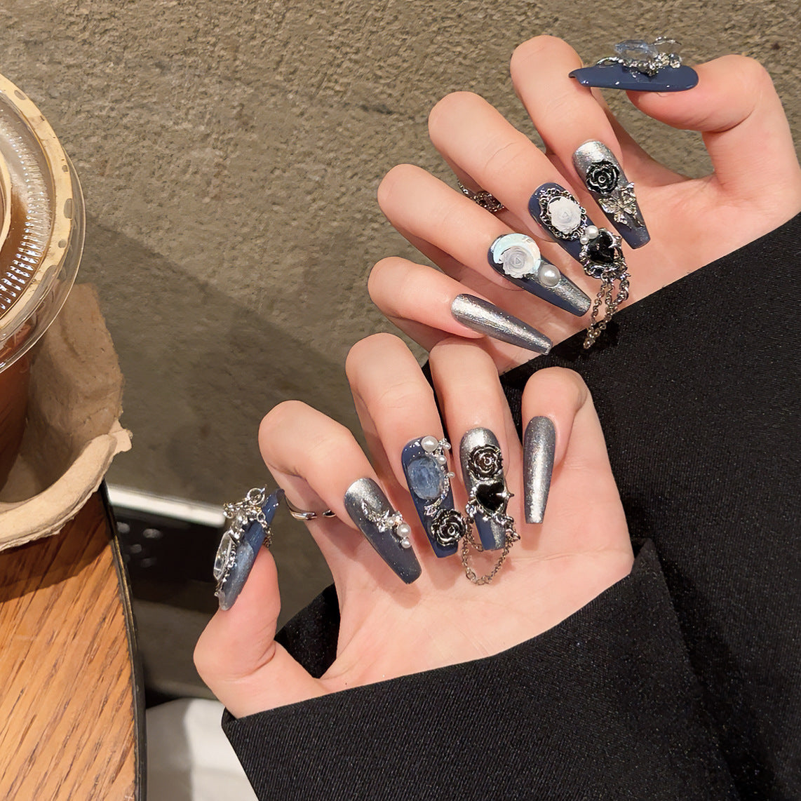 [3D Dark Blue]   (Handmade press on nails)  Long/Ballerina Nails 10pcs/set