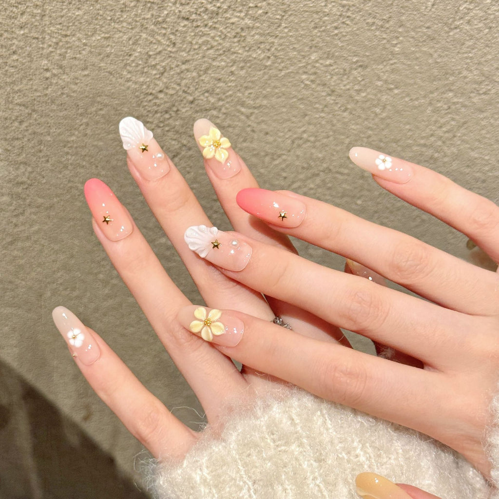 [3D Yellow Flower ]   (Handmade press on nails)  Medium/Oval Nails 10pcs/set