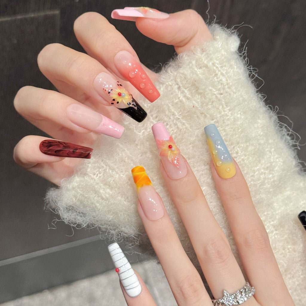 [Colorful Flower]   (Handmade press on nails)  Long/Ballerina Nails 10pcs/set
