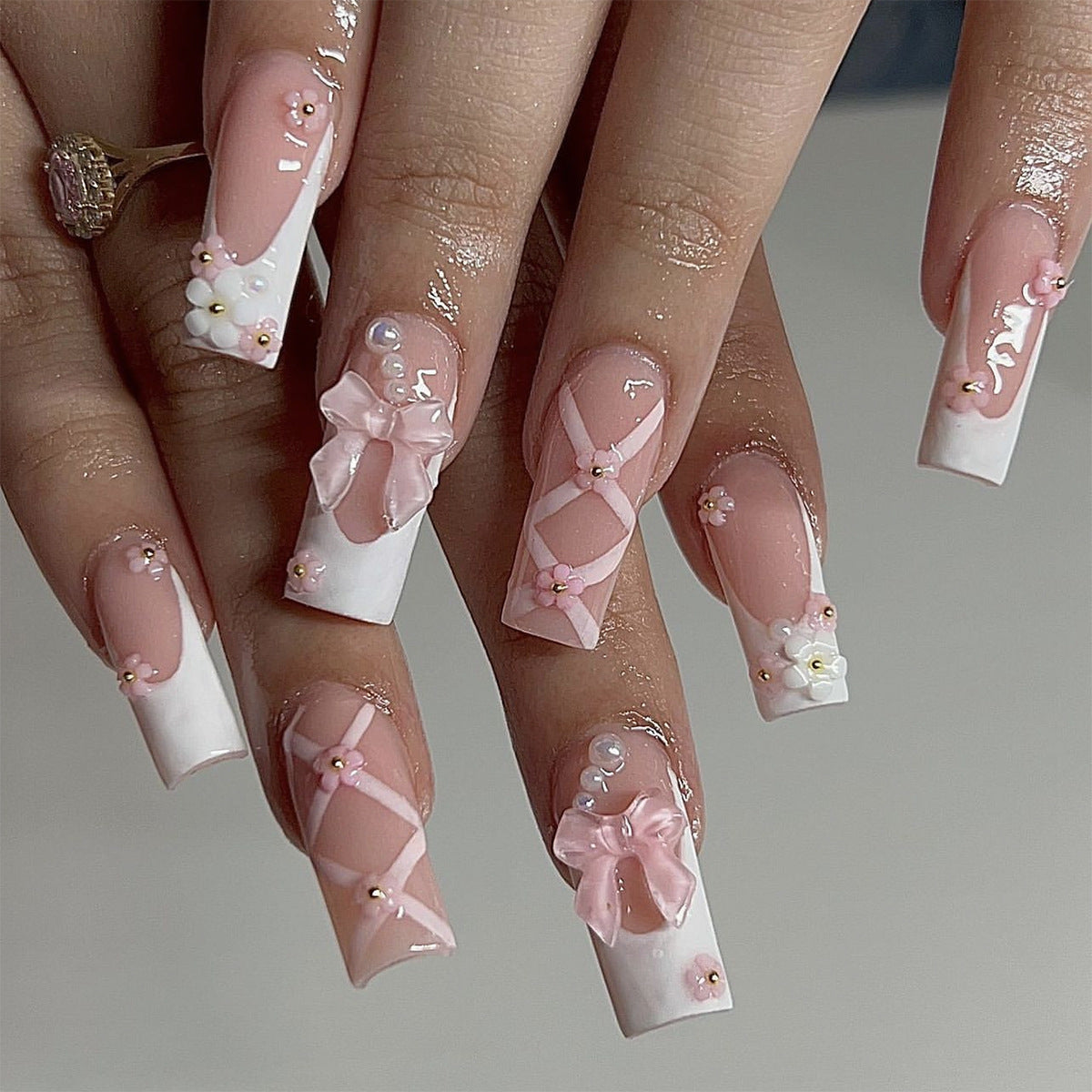 [Sweet 3D Flowers ]   Long/Coffin Nails    press on nails   24pcs/set