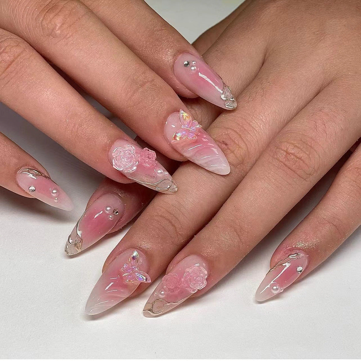 [3D Pink Butterfly]   Medium/Almond Nails    press on nails   24pcs/set