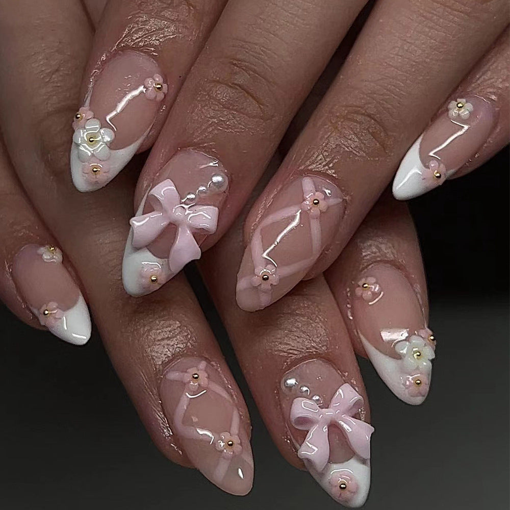 [Elegent Flowers Bowknot]   Medium/Almond Nails    press on nails   24pcs/set