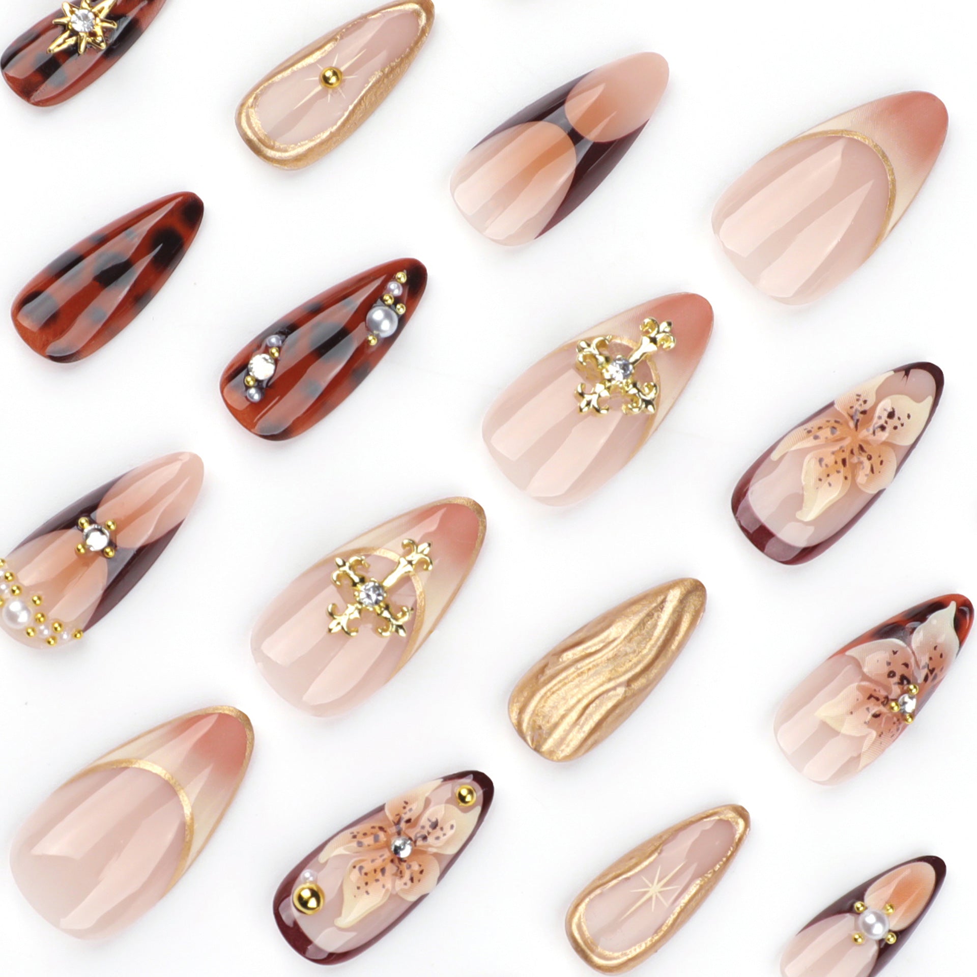 [Charming Brown Flowers]   Medium/Almond Nails    press on nails   24pcs/set