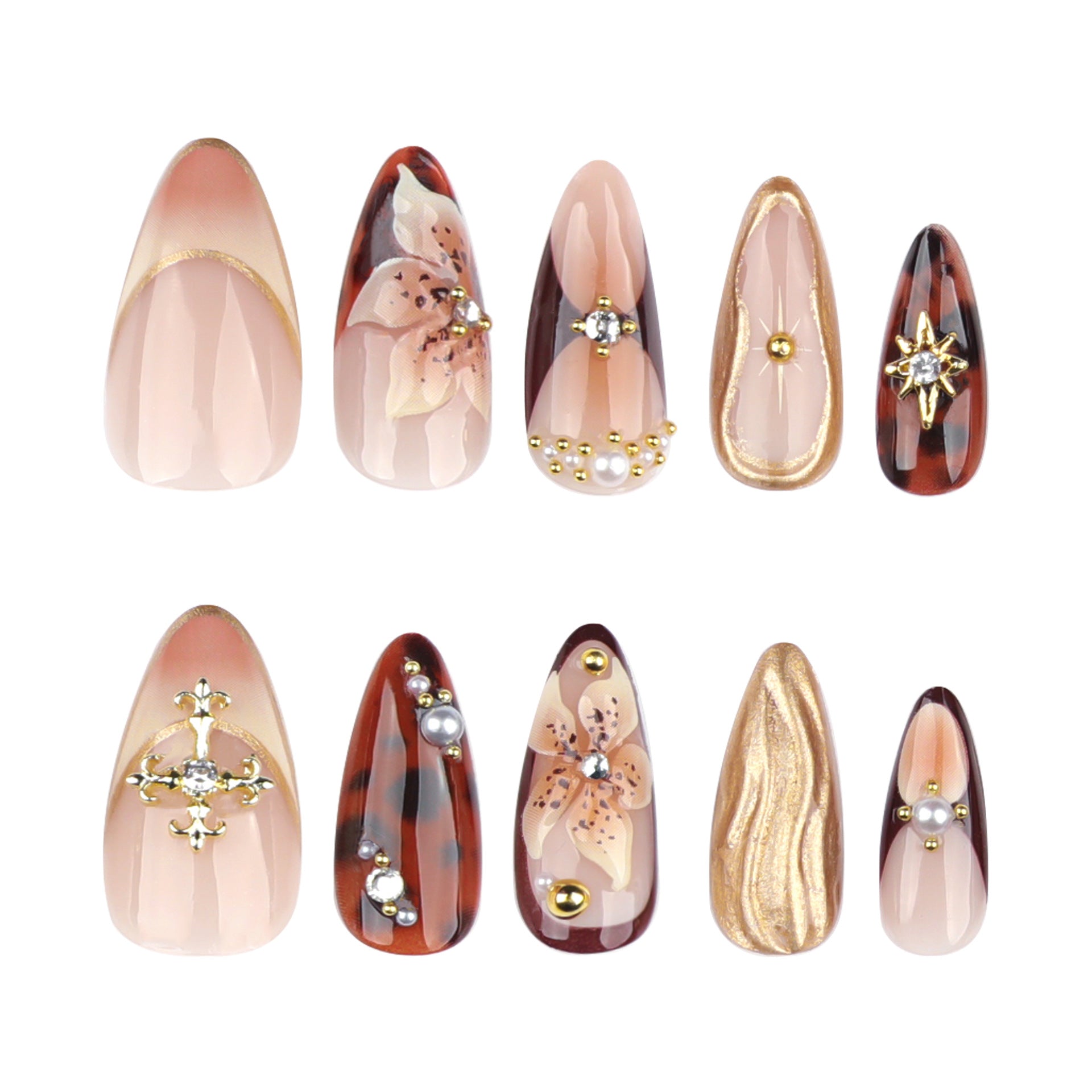 [Charming Brown Flowers]   Medium/Almond Nails    press on nails   24pcs/set
