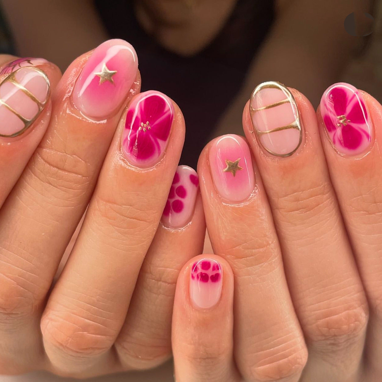 [Pink Flower Star]  Short/Oval Nails    press on nails   24pcs/set
