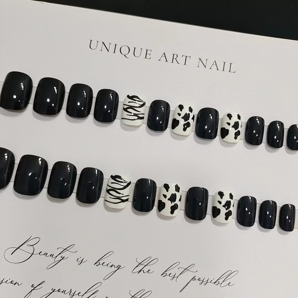 [Sweet Black White]  Short/Squoval press on nails  24pcs/set