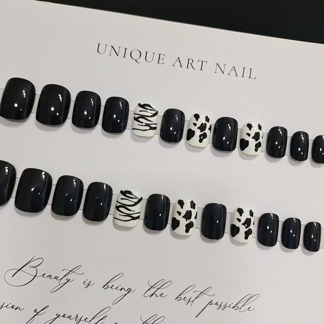 [Sweet Black White]  Short/Squoval press on nails  24pcs/set