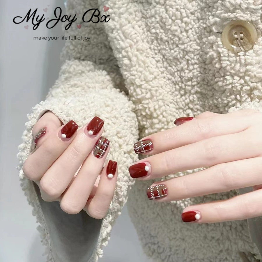[Wine Red Checker]   Medium/Squoval press on nails  24pcs/set