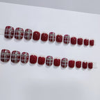 [Wine Red Checker]   Medium/Squoval press on nails  24pcs/set