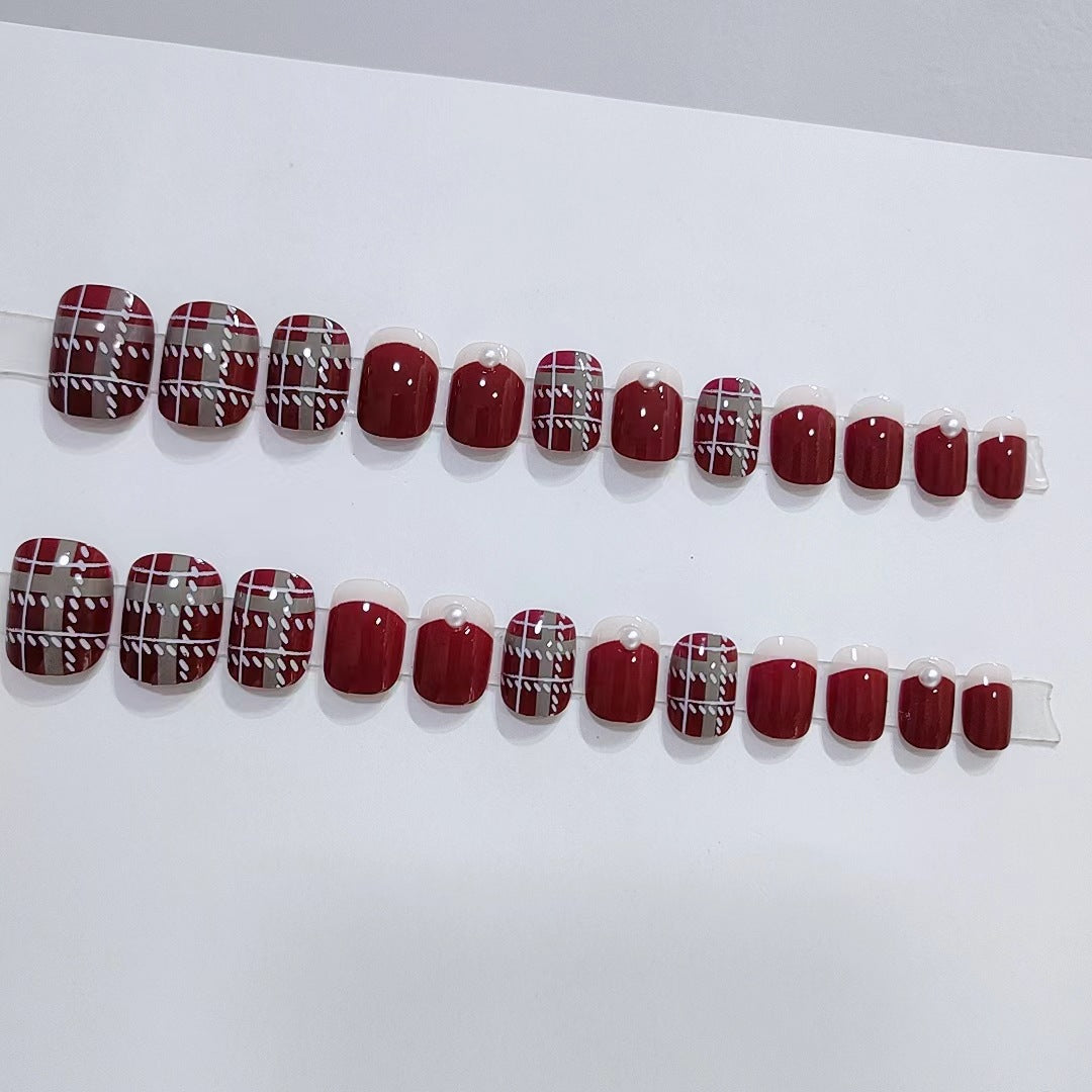 [Wine Red Checker]   Medium/Squoval press on nails  24pcs/set
