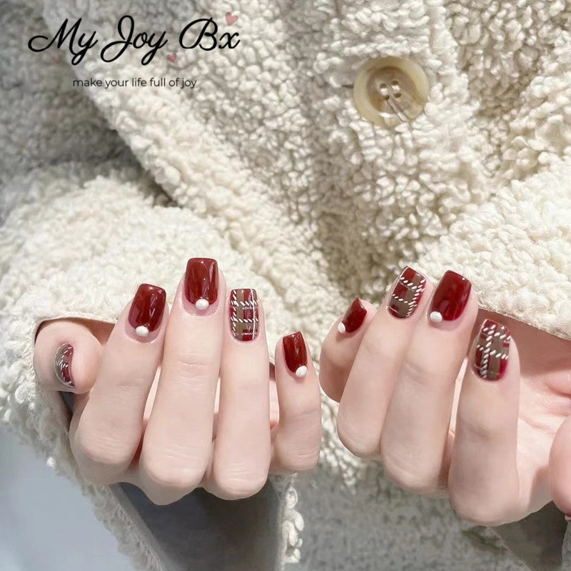 [Wine Red Checker]   Medium/Squoval press on nails  24pcs/set