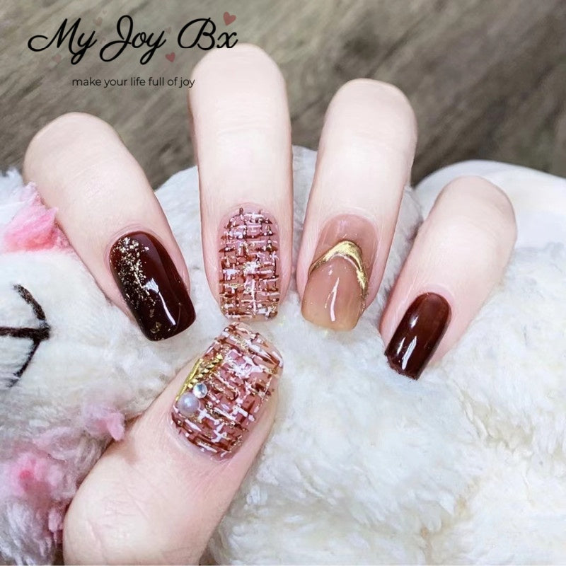 [Grace Red Lattice]  Medium/Squoval press on nails  24pcs/set