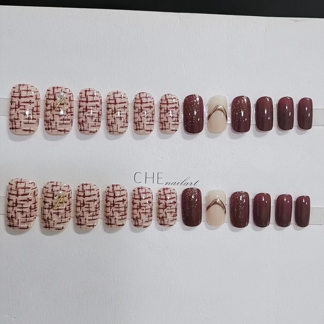 [Grace Red Lattice]  Medium/Squoval press on nails  24pcs/set