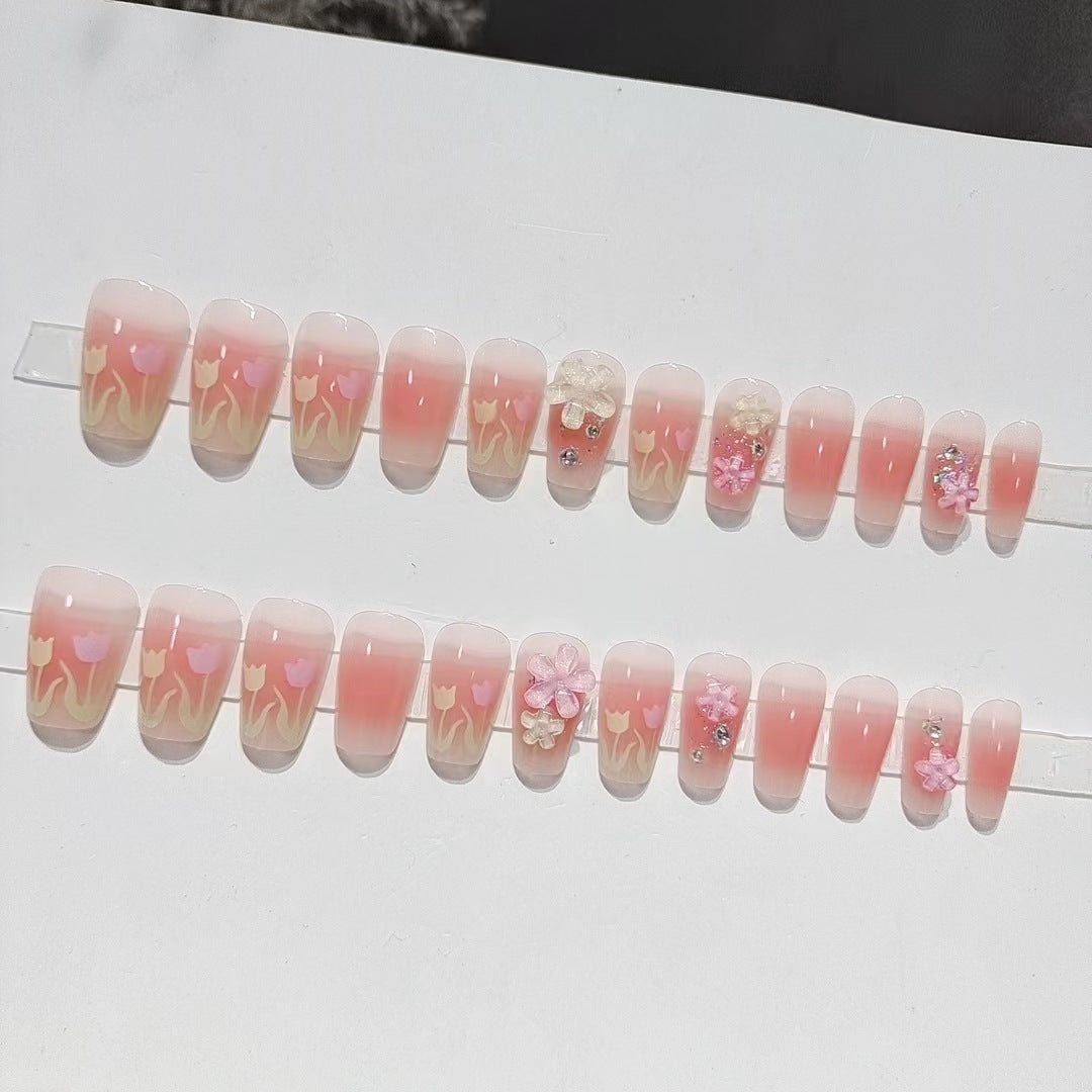 [3D Pink Flowers]   Medium/Coffin press on nails  24pcs/set