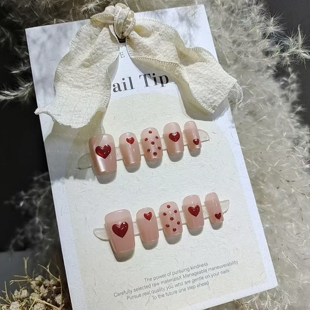 [Red Heart Dot]   Medium/Coffin press on nails 10pcs/set