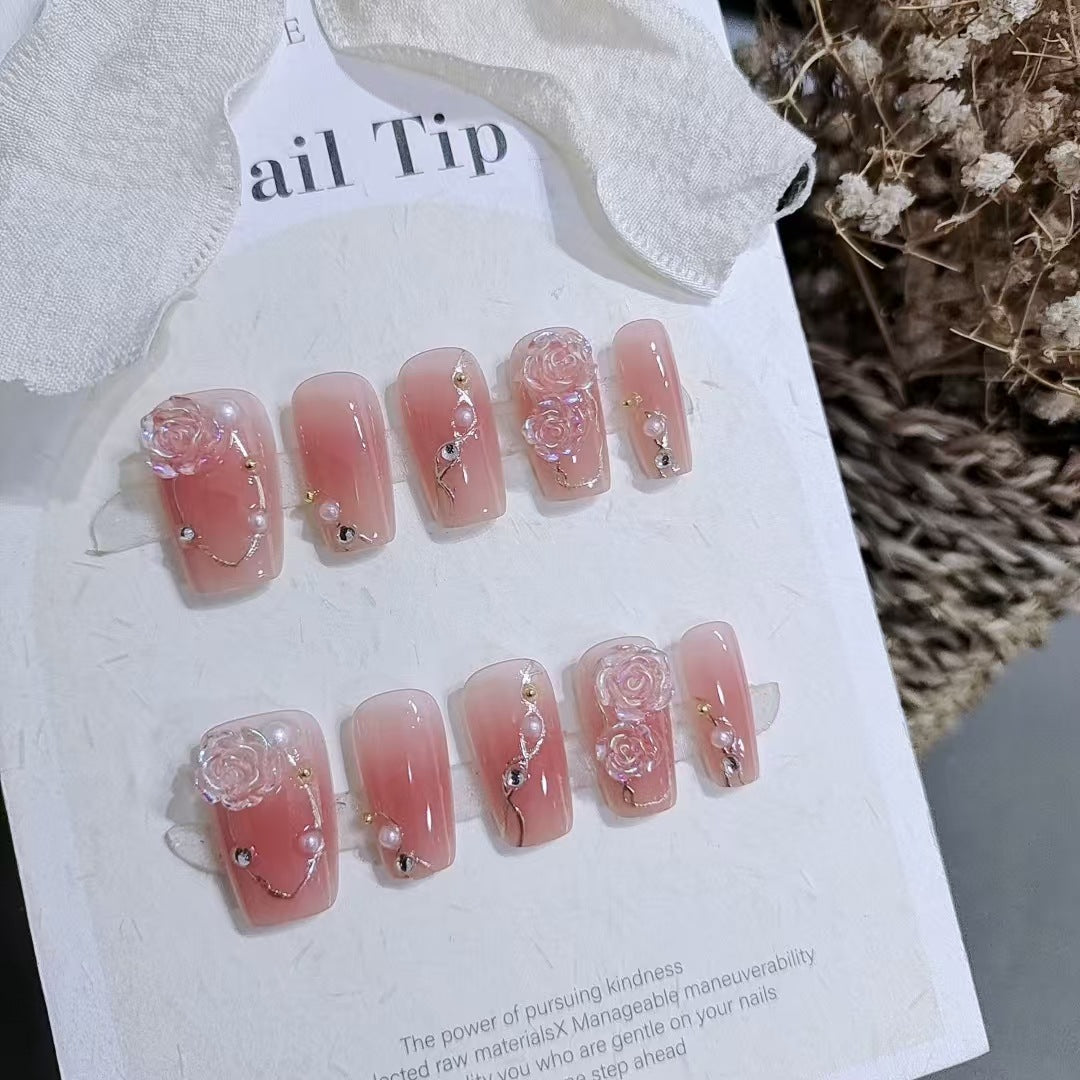 [3D Pink Camellia]   Medium/Squoval press on nails 10pcs/set