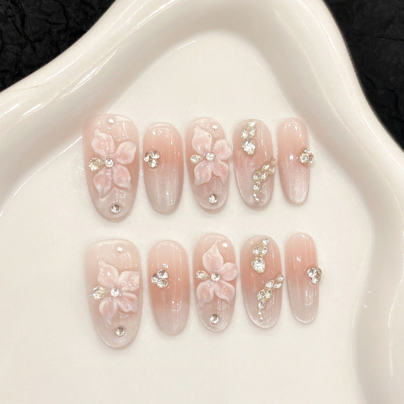 [3D Graceful Pink Flowers]   (Handmade press on nails)  Medium/Oval Nails 10pcs/set