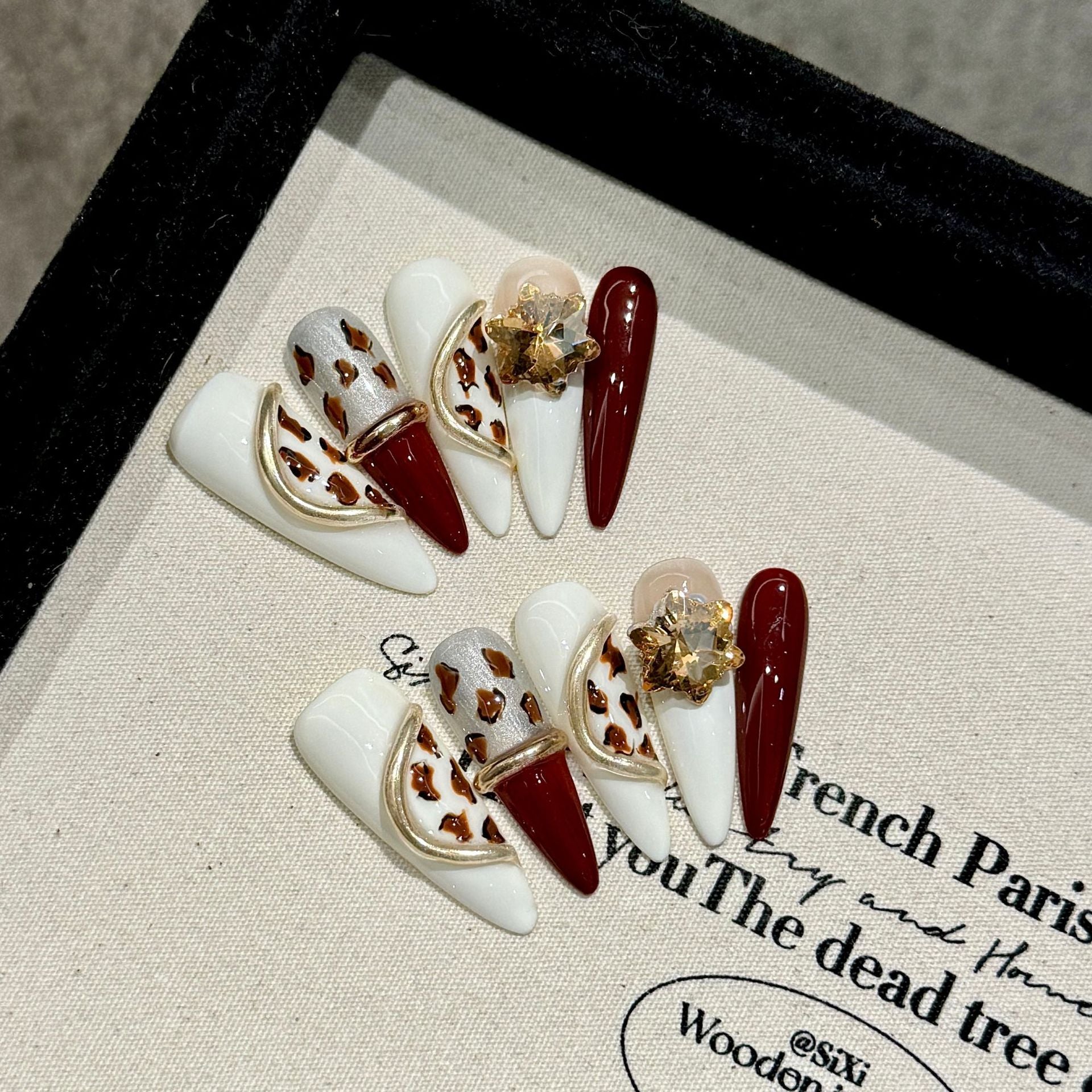 [Burgundy Leopard]   Long/Stiletto Handmade press on nails   10pcs/set