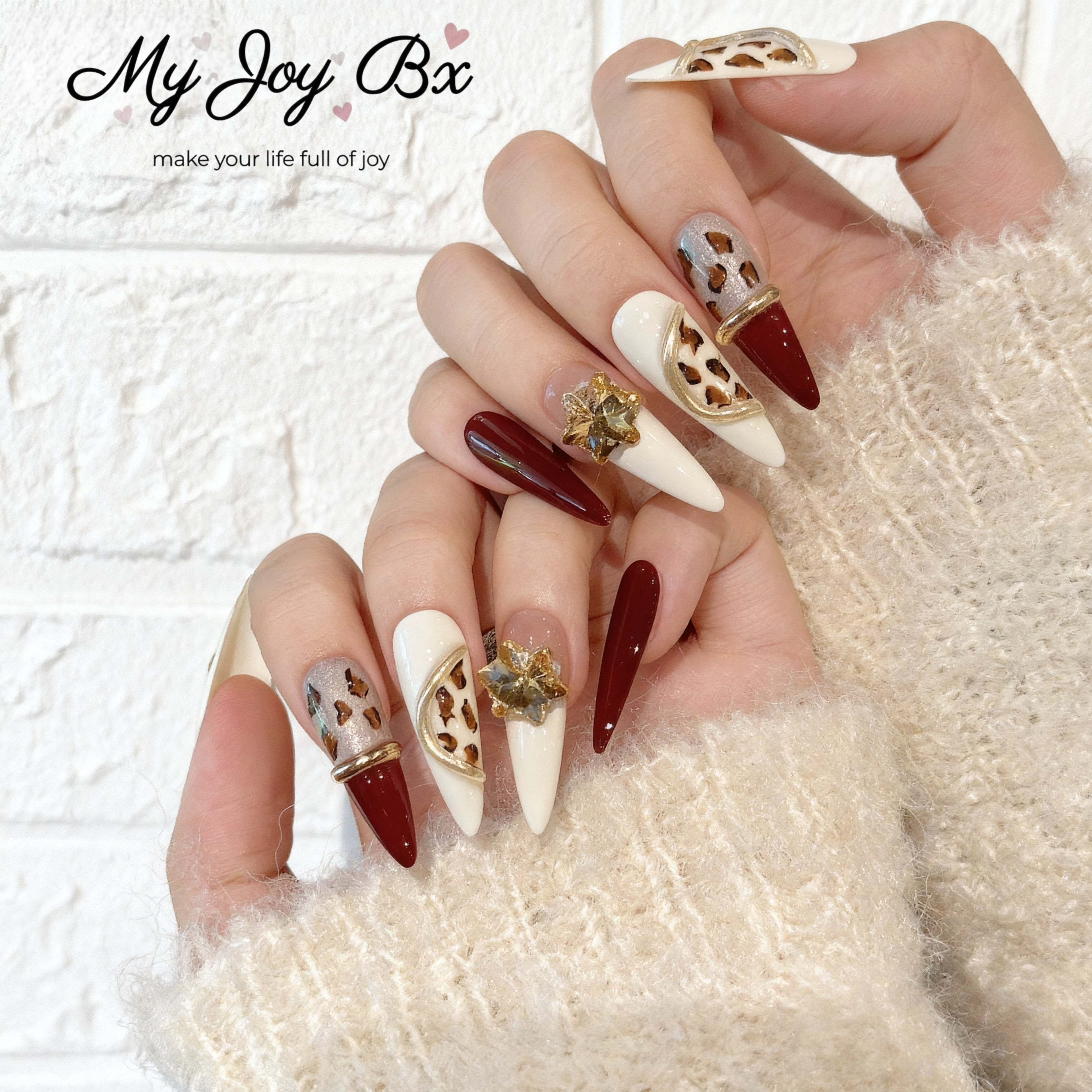 [Burgundy Leopard]   Long/Stiletto Handmade press on nails   10pcs/set