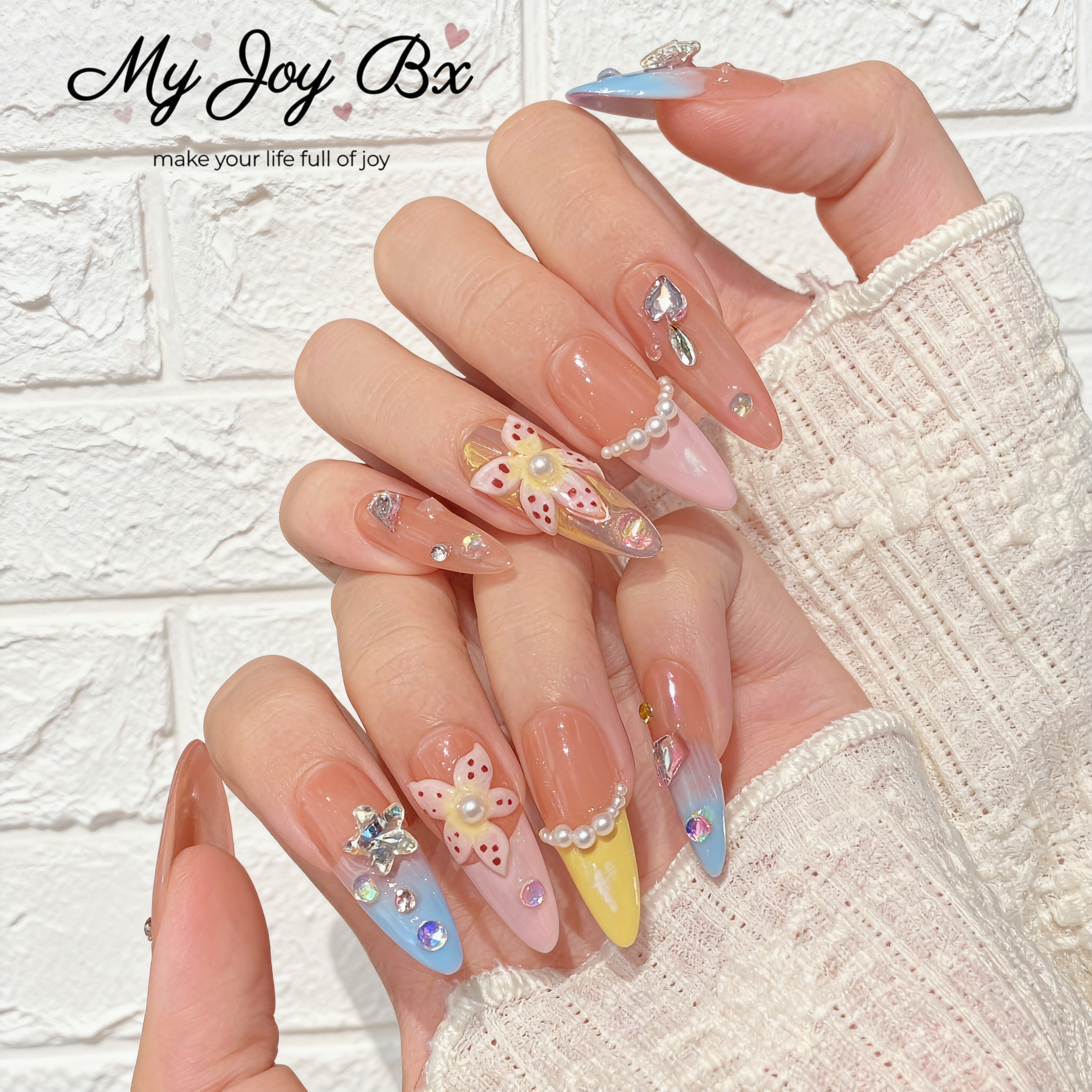[Island 3D Flower]   Medium/Almond Handmade press on nails  10pcs/set