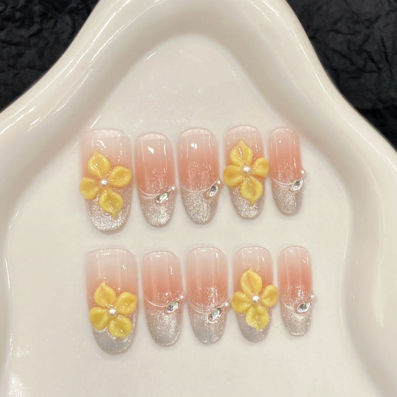 [3D Garden Yellow Flowers]   (Handmade press on nails)  Medium/Oval Nails 10pcs/set