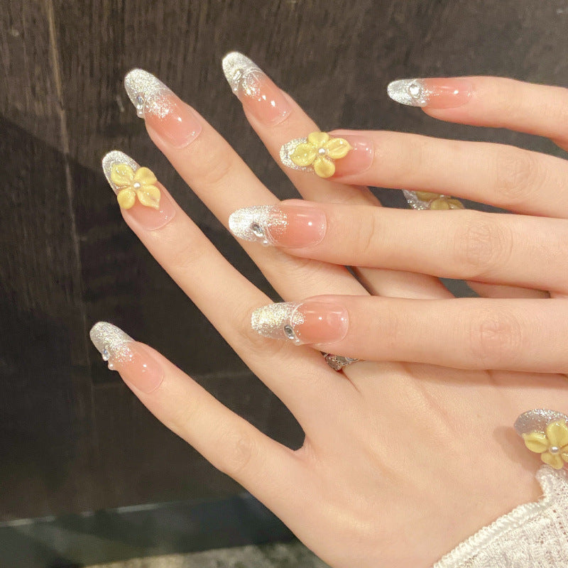 [3D Garden Yellow Flowers]   (Handmade press on nails)  Medium/Oval Nails 10pcs/set