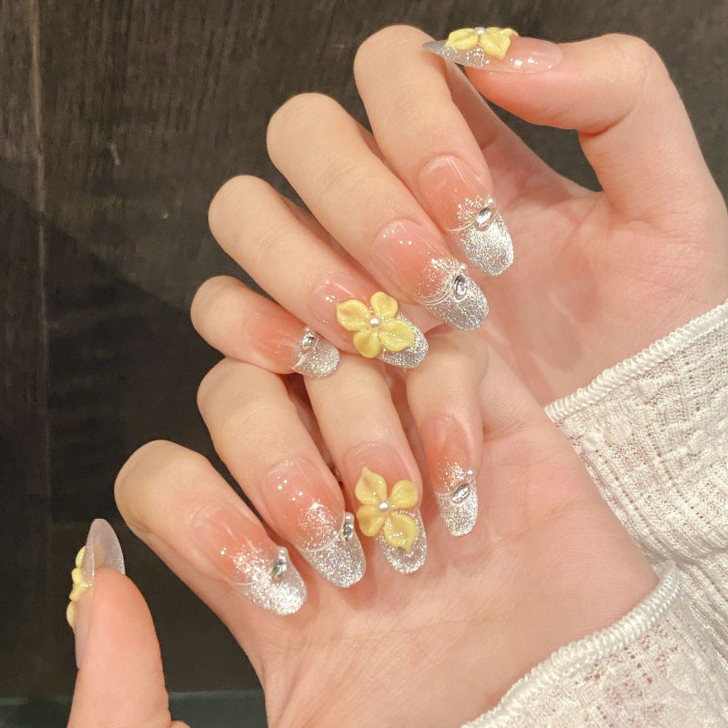 [3D Garden Yellow Flowers]   (Handmade press on nails)  Medium/Oval Nails 10pcs/set