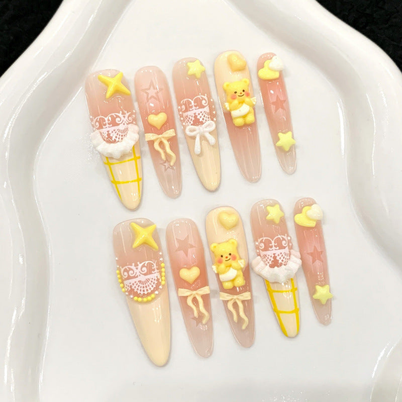 [Yellow Bear Gift]   (Handmade press on nails)  Long/Stiletto Nails 10pcs/set